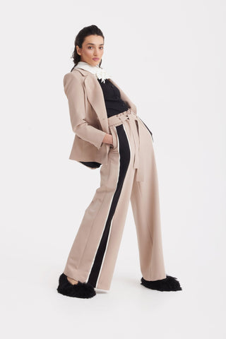 Belted High Waist Wide Leg Pants – Beige - Julia Allert