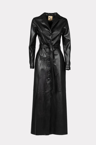 Long Button-Up Eco-Leather Trench Black