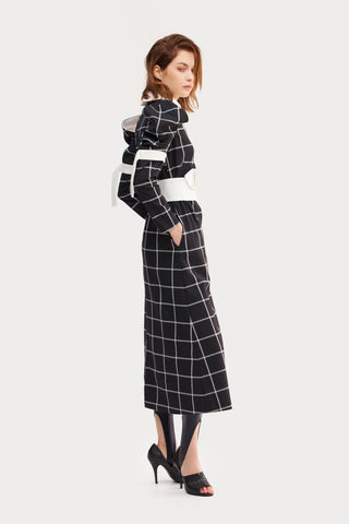 Black Stylish Cold Shoulder Long Sleeve Plaid Dress With Belt