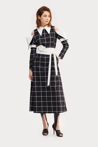 Black Stylish Cold Shoulder Long Sleeve Plaid Dress With Belt