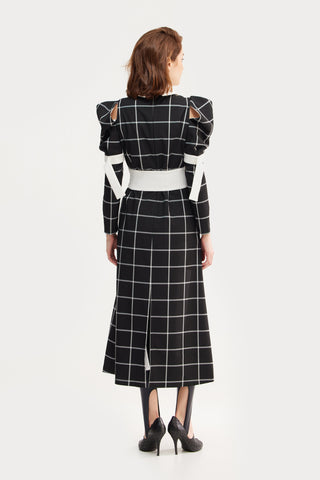 Black Stylish Cold Shoulder Long Sleeve Plaid Dress With Belt