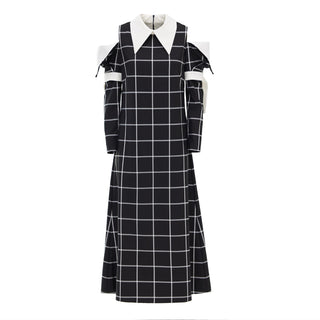 Black Stylish Cold Shoulder Long Sleeve Plaid Dress With Belt