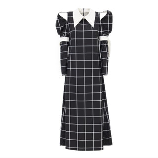 Black Stylish Cold Shoulder Long Sleeve Plaid Dress With Belt