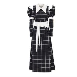 Black Stylish Cold Shoulder Long Sleeve Plaid Dress With Belt