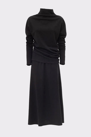 Rib Knit Suit Asymmetric Blouse & Basic Skirt Black