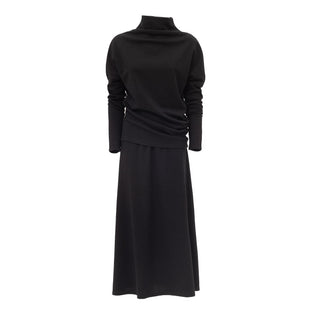 Rib Knit Suit Asymmetric Blouse & Basic Skirt Black