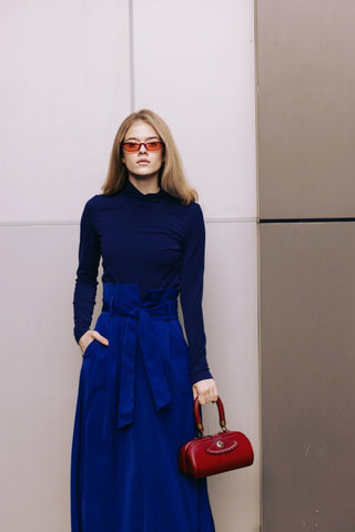Blue High Waist A-Line Long Skirt With Belt - Julia Allert