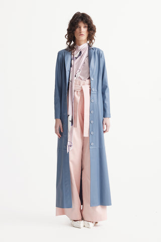 Long Button-Up Eco-Leather Trench Light Blue