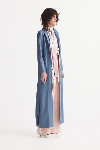 Long Button-Up Eco-Leather Trench Light Blue