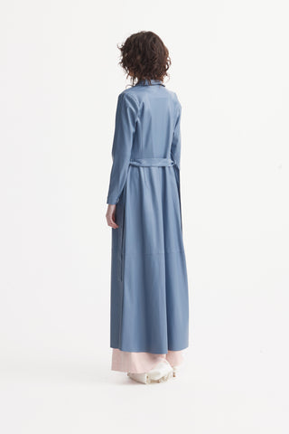 Long Button-Up Eco-Leather Trench Light Blue