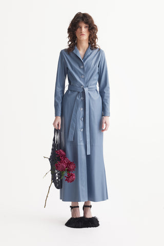Long Button-Up Eco-Leather Trench Light Blue
