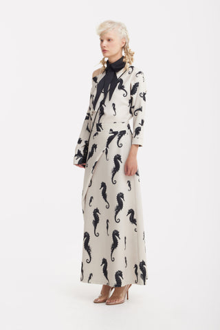 Boat Neck Blouse & Wrap Skirt Co-Ord Set - Light Beige Seahorse Print - Capsule Edition - Julia Allert