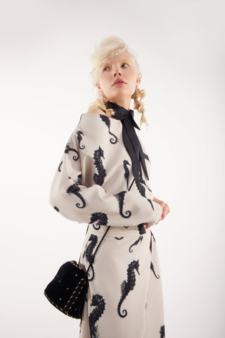 Boat Neck Blouse & Wrap Skirt Co-Ord Set - Light Beige Seahorse Print - Capsule Edition - Julia Allert