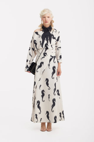 Boat Neck Blouse & Wrap Skirt Co-Ord Set - Light Beige Seahorse Print - Capsule Edition - Julia Allert