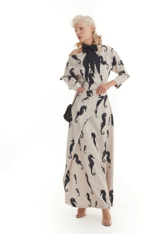Boat Neck Blouse & Wrap Skirt Co-Ord Set - Light Beige Seahorse Print - Capsule Edition - Julia Allert
