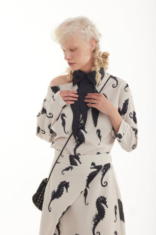 Boat Neck Blouse & Wrap Skirt Co-Ord Set - Light Beige Seahorse Print - Capsule Edition - Julia Allert