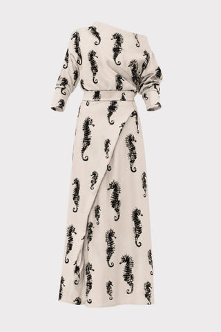 Boat Neck Blouse & Wrap Skirt Co-Ord Set - Light Beige Seahorse Print - Capsule Edition - Julia Allert