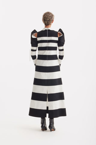 Bold Striped A-Line Midi Dress with Sculptural Sleeves – Black & White