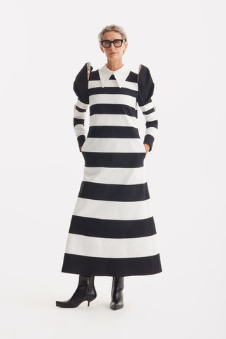 Bold Striped A-Line Midi Dress with Sculptural Sleeves – Black & White