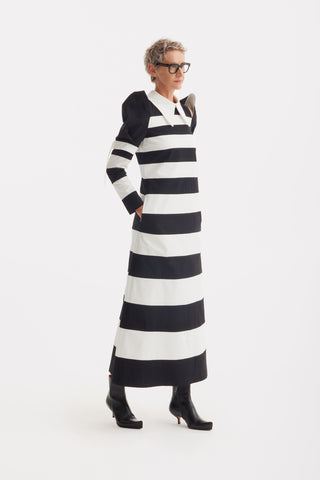 Bold Striped A-Line Midi Dress with Sculptural Sleeves – Black & White
