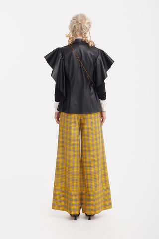 Button Front Palazzo Trousers - Mustard Plaid - Julia Allert