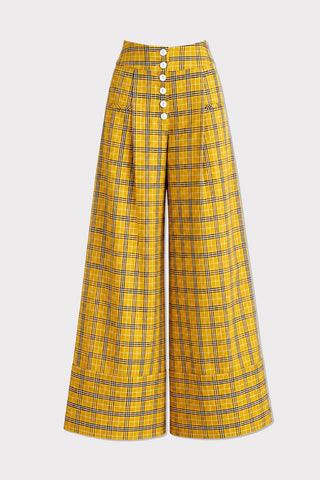 Button Front Palazzo Trousers - Mustard Plaid - Julia Allert