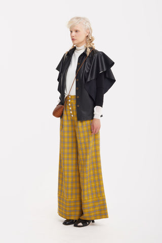 Button Front Palazzo Trousers - Mustard Plaid - Julia Allert