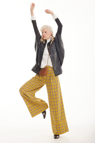 Button Front Palazzo Trousers - Mustard Plaid - Julia Allert