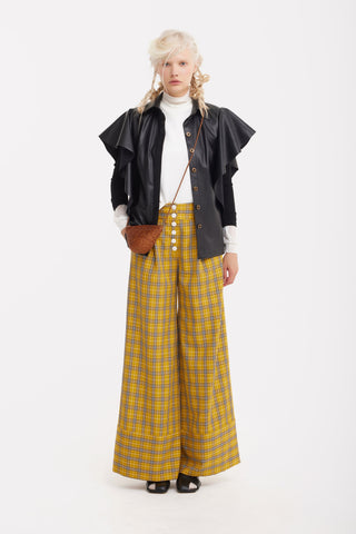 Button Front Palazzo Trousers - Mustard Plaid - Julia Allert