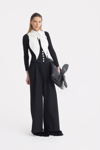Buttoned Corset-Waist Black Tailored Trousers