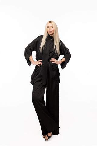 Chic Satin Shirt And Pants Two-Piece Set Black - Julia Allert