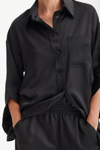 Chic Satin Shirt And Pants Two-Piece Set Black - Julia Allert