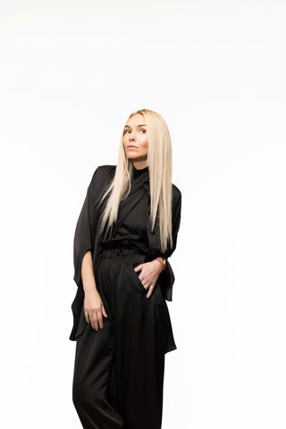 Chic Satin Shirt And Pants Two-Piece Set Black - Julia Allert