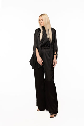 Chic Satin Shirt And Pants Two-Piece Set Black - Julia Allert