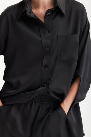 Chic Satin Shirt And Pants Two-Piece Set Black - Julia Allert