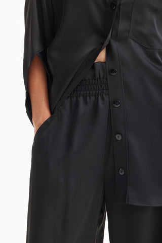 Chic Satin Shirt And Pants Two-Piece Set Black