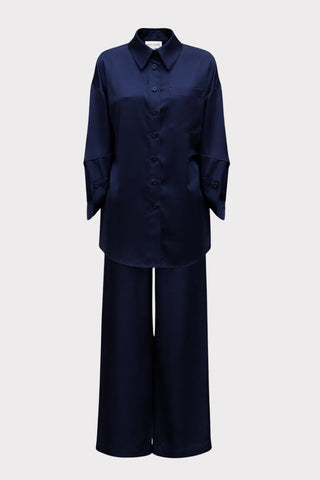 Chic Satin Shirt And Pants Two-Piece Set Navy - Julia Allert