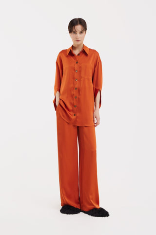 Chic Satin Shirt And Pants Two-Piece Set Orange - Julia Allert