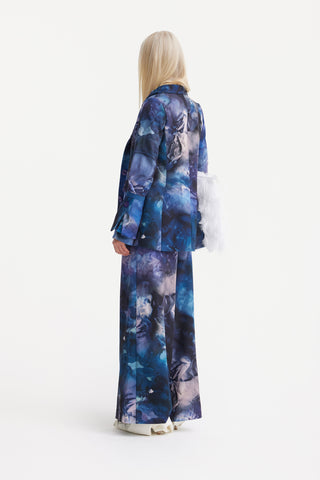 Wide-Leg Abstract Blue Print Trousers With Contrasting Waistband