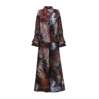 Co-Ord Set - Shirt And Wide-Leg Pants Abstract Print Brown