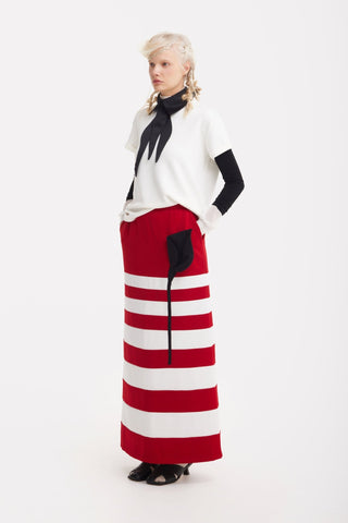 Contemporary Striped A-Line Skirt, Black Floral Detail – Red - Julia Allert