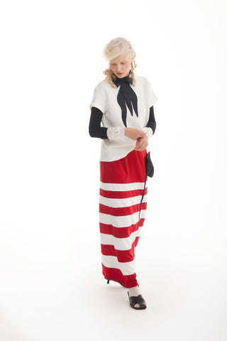 Contemporary Striped A-Line Skirt, Black Floral Detail – Red - Julia Allert