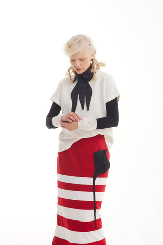 Contemporary Striped A-Line Skirt, Black Floral Detail – Red - Julia Allert