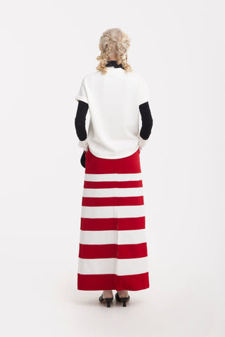 Contemporary Striped A-Line Skirt, Black Floral Detail – Red - Julia Allert