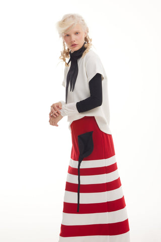 Contemporary Striped A-Line Skirt, Black Floral Detail – Red - Julia Allert