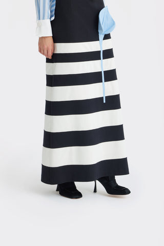 Contemporary Striped A-Line Skirt, Floral Detail– Black-White