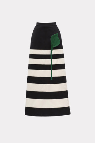 Contemporary Striped A-Line Skirt, Green Floral Detail– Black-White