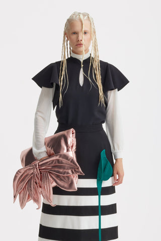 Contemporary Striped A-Line Skirt, Green Floral Detail – Black-White - Julia Allert