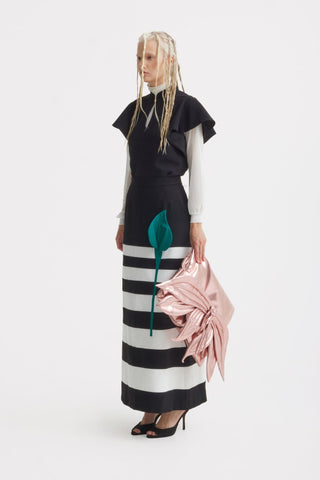 Contemporary Striped A-Line Skirt, Green Floral Detail – Black-White - Julia Allert