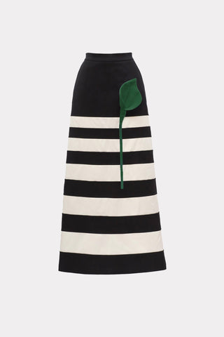 Contemporary Striped A-Line Skirt, Green Floral Detail – Black-White - Julia Allert